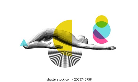 Minimalistic design for presentations, flyers or posters. Art design. Sporty man doing exercise for backbend, arching stretching his back. Fitness, workout, yoga or gymnastics concept. 