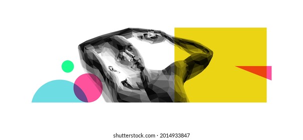 Minimalistic design for presentations, flyers or posters. Art design. Strong man with good flexibility raises hands above head, does sport exercises. Stretch your muscles before all exercises. 
