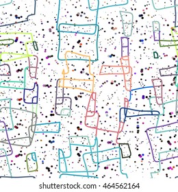 Minimalistic design, seamless vector pattern with chaotic geometric elements, shapes.  Abstract background with red, yellow, black, blue, green and yellow lines in the form of circles, polygons.