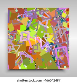 Minimalistic design seamless vector pattern with chaotic geometric elements.  Abstract background with pink, yellow, brown, blue, green, gray and lilac lines, squares, triangles, circles.