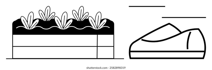 Minimalistic design of a shoe beside a garden box with plants. Ideal for growth, movement, sustainability, nature, agriculture, lifestyle, and environmental themes. Line metaphor