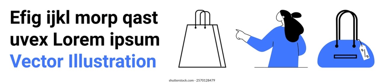 Minimalistic design with a shopping bag outline, a person pointing, and a handbag. Ideal for e-commerce, online shopping, marketing, customer service, and digital retail platforms. Banner for landing