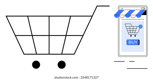 A minimalistic design of a shopping cart is next to a mobile phone screen showing an online store with a BUY button. Ideal for e-commerce, digital marketing, online shopping, mobile apps, and retail