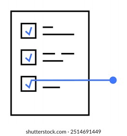 A minimalistic design shows a checklist with three checked boxes, horizontal text lines, and a connecting blue line. Ideal for to-do lists, task management, organization, planning, and productivity.