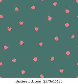 Minimalistic design with small, evenly spaced pink floral shapes scattered across a solid teal background. Ideal for textiles, stationery, or decorative elements.