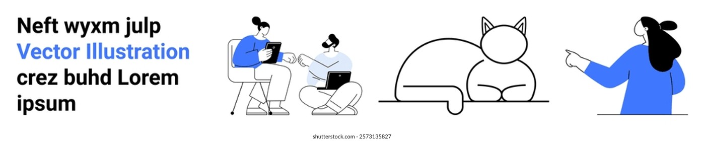 Minimalistic design with two people using laptops, a simple line drawing of a cat, and a person in blue pointing. Ideal for teamwork, technology, pets, minimalism, modern. Banner for landing page