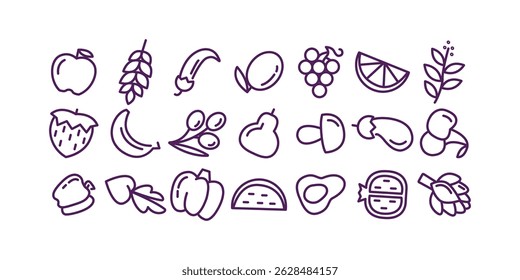 Minimalistic design vector featuring various organic food elements and common dietary restriction icons suitable for health, wellness, and eco-conscious projects