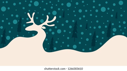 Minimalistic design of a winter holiday card or banner on a site. Silhouette of a reindeer in the snow among the trees. Vector illustration