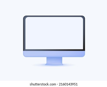 Minimalistic desktop computer mockup. 3D render modern illustration. White background, website template. Blank screen mock up. Empty monitor for web design, branding presentation. 3D isolated on white