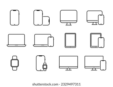 Conjunto de iconos de dispositivos minimalistas. PC, laptop, smartphone, dispositivos tablet iconos vectoriales lineales.