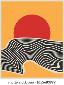 Minimalistic digital art. Poster. Print for interior design or any graphic design. Sunny sunset. 
Sea ​​waves on the background of the sun. Hot weather. Summertime. Warm color palette. Vector EPS 10.