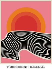 Minimalistic digital art. Poster. Print for interior design or any graphic design. Sunny sunset. 
Sea ​​waves on the background of the sun. Hot weather. Summertime. Warm color palette. Vector EPS 10.