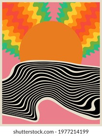 Minimalistic digital art. Poster. Print for interior design or any graphic design. Sunny sunset. 
Sea ​​waves on the background of the sun. Hot weather. Summertime. Warm color palette. Vector EPS 10.