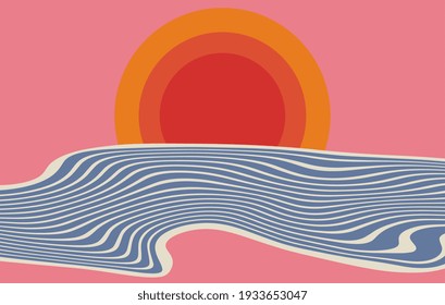 Minimalistic digital art. Wallpapers for desktop. Sunny sunset. 
Sea ​​waves on the background of the sun. Hot weather. Summertime. Warm color palette. Vector EPS 10.