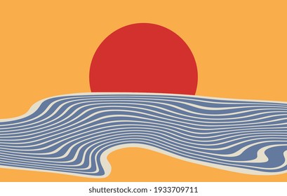 Minimalistic digital art. Wallpapers for desktop. Sunny sunset. 
Sea ​​waves on the background of the sun. Hot weather. Summertime. Warm color palette. Vector EPS 10.