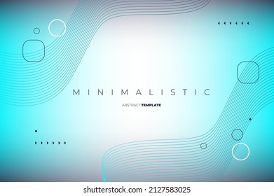 Diseño digital minimalista con líneas onduladas y círculos y triángulos sobre fondo azul y blanco borroso