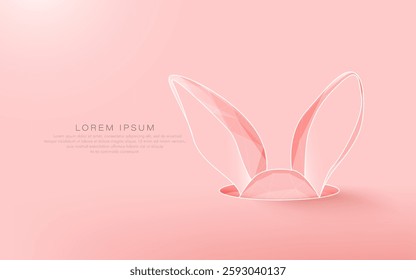 Minimalistic digital illustration of bunny ears peeking out of a hole on a soft pink background