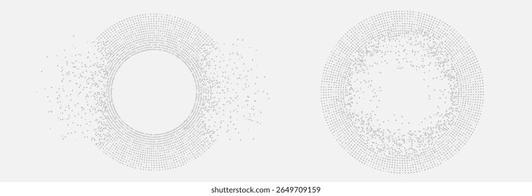 Minimalistic digital rings with crumbling pixel particles on white background. Abstract grid shapes for high-tech design, interfaces and scientific visualization. - Powered by Shutterstock - Get 15% off with code: PIKWIZARD15