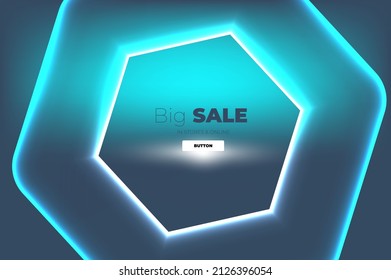 Plantilla digital minimalista con figura brillante de neón en el fondo azul borroso