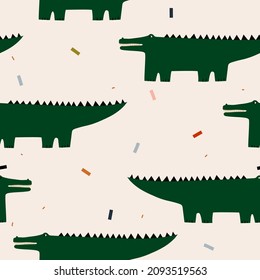 Minimalistic dino pattern. Hand-drawn pattern with crocodiles and confetti. Childish print for textiles, wallpapers, designer paper, etc