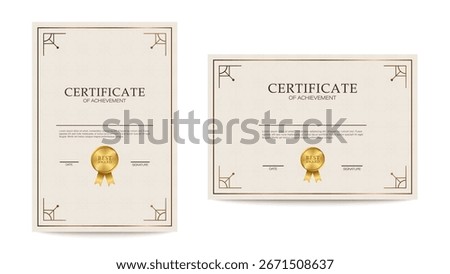 Minimalistic discreet templates for creating diplomas or certificates. Vertical and horizontal light beige layout of the certificate of achievement.