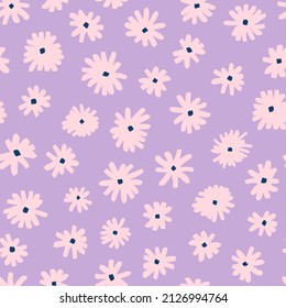 Minimalistic ditsy daisy seamless repeat pattern. Random placed, vector pink and lilac floral all over surface print. 