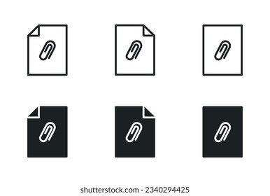 Minimalistic document with paper clip vector fill icon set. Fixed document notes with paper clip icon.