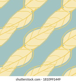 Las hojas abstractas de doodle minimalistas son un patrón sin fisuras. Impresión de follaje amarillo con fondo azul. Diseñado para papel pintado, textil, papel envolvente, impresión de tela. Ilustración vectorial.