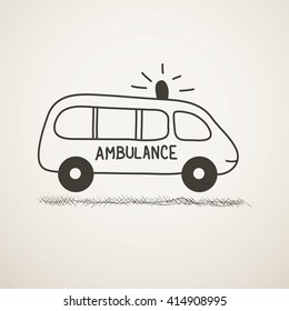 Minimalistic doodle of an ambulance  car with a siren. Black and white cartoon sketch icon. Primitive picture of automobile. Vector  illustration.