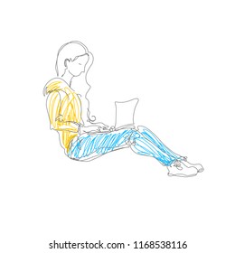 minimalistic doodle drawing of girl sitting with laptop, freelance concept vector illustration