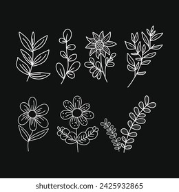 Minimalistic doodle floral set on isolated black background. Linear clean style. For prints, postcards, logos.
