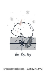 Minimalistic doodle hedgehog with gift, Christmas greeting card on white background