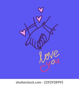 Ilustración minimalista del doodle vectorial a mano. Dos manos con corazones y letras
