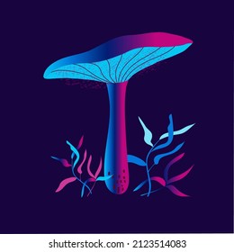 Minimalistic drawing, abstract forest mushroom, isolated, neon color design on dark blue background. Symbol, icon, vector illustration, botanical elements, style of minimalist, hand drawn. 