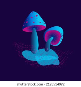 Minimalistic drawing, abstract forest mushroom, isolated, neon color design on dark blue background. Symbol, icon, vector illustration, botanical elements, style of minimalist, hand drawn. 