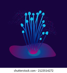 Minimalistic drawing, abstract forest mushroom, isolated, neon color design on dark blue background. Symbol, icon, vector illustration, botanical elements, style of minimalist, hand drawn. 
