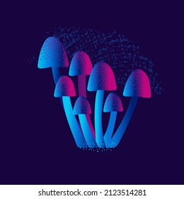 Minimalistic drawing, abstract forest mushroom, isolated, neon color design on dark blue background. Symbol, icon, vector illustration, botanical elements, style of minimalist, hand drawn. 