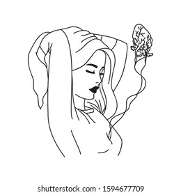 minimalistic drawing. beautiful girl with closed eyes and with collected hair. girl with a real heart. sticker.