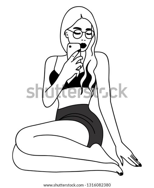 Minimalistic Drawing Beautiful Girl Sitting On Stock Vector Royalty Free