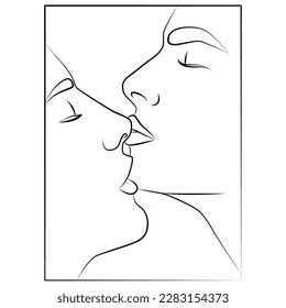 Minimalistische Zeichnung mit schwarzer Linie. Ein Mann und eine Frau stehen auf. Ein Kuss. Modische Zeichnung mit linearer Kunst. Illustration eines Linienpaars in einer Linie.