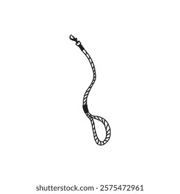 A minimalistic drawing of a dog leash, featuring a looped handle and a secure clip for attachment. Suitable for pet-themed designs or educational materials.