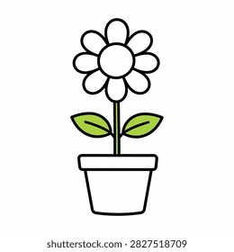 Minimalistic drawing of a flower in a pot with a round bloom, two green leaves, and a basic container, emphasizing simplicity and nature.