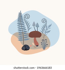 Minimalistic drawing of a forest mushroom, fern, isolated, brown and blue color design on white background. Symbol, icon, vector illustration, botanical elements, style of minimalist, hand drawn. 