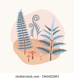 Minimalistic drawing of a forest mushroom, fern leaf isolated, blue color design on white background. Symbol, icon, vector illustration, botanical elements, minimalist, hand drawn. Postcard, concept