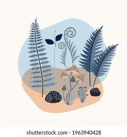 Minimalistic drawing of a forest mushroom, ferns, isolated, brown and blue color design on white background. Symbol, icon, vector illustration, botanical elements, style of minimalist, hand drawn. 