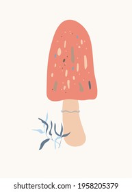 Minimalistic drawing of a forest mushroom, isolated, brown color design on white background. Symbol, icon, vector illustration, botanical elements, style of minimalist, hand drawn. 