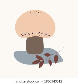 Minimalistic drawing of a forest mushroom, isolated, brown color design on white background. Symbol, icon, vector illustration, botanical elements, style of minimalist, hand drawn. Postcard, concept