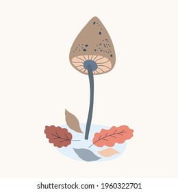 Minimalistic drawing of a forest mushroom, toadstool, isolated, autumn, brown color design on white background. Symbol, icon, vector illustration, botanical elements, style of minimalist, hand drawn. 