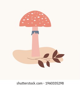 Minimalistic drawing of a forest mushroom, toadstool, isolated, brown color design on white background. Symbol, icon, vector illustration, botanical elements, style of minimalist, hand drawn. 