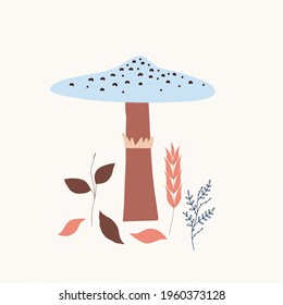 Minimalistic drawing of a forest mushroom, toadstool, isolated, brown, blue color design on white background. Symbol, icon, vector illustration, botanical elements, style of minimalist, hand drawn. 